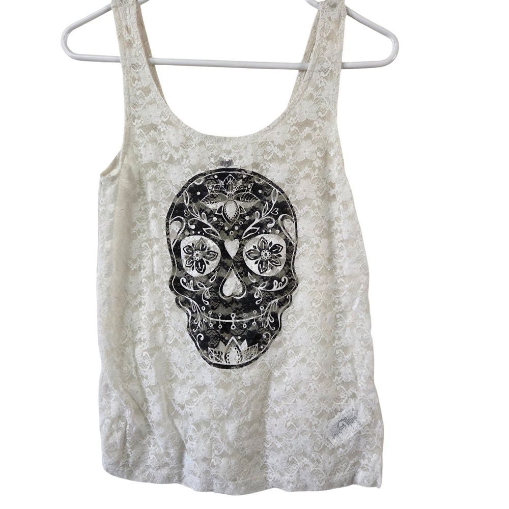 Y2K H&M Lace Skull Graphic Tank Top White Racerback Goth Emo Grunge Women's 4